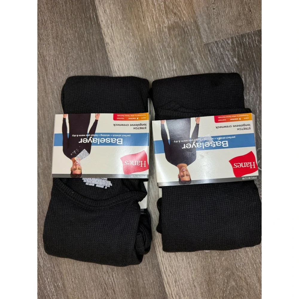 Hanes Premium Mens‎ Baselayer Set of 2 Black Waffle Long Sleeve Crewneck XL New